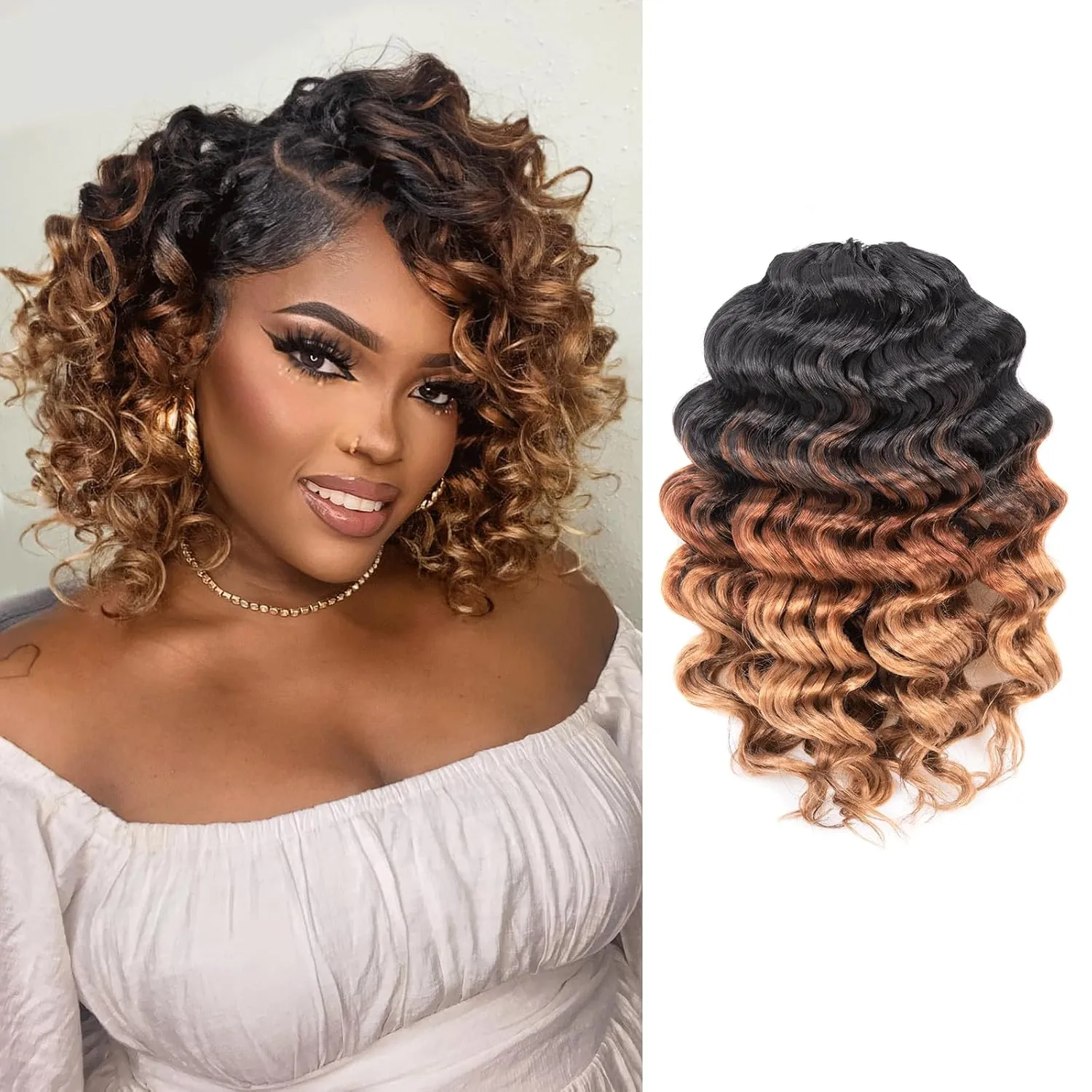 Toyotress Ocean Wave Crochet Hair - 14 Inch 8 Packs Ombre Brown Blonde Ocean Wave Braiding Hair, Beach Curl Deep Twist Water Wave Short Curly Synthetic Hair Extensions (14 Inch, OT30/27-8P)