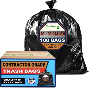 Trash Bags 30-33 Gallon Contractor 2 MIL Heavy Duty (Huge 108 Bags w/Ties) Construction Garbage Bags, 32-33 Gallon Trash Bags Heavy Duty Garbage Bags, Extra Large Trash Bag for Industrial & Commercial