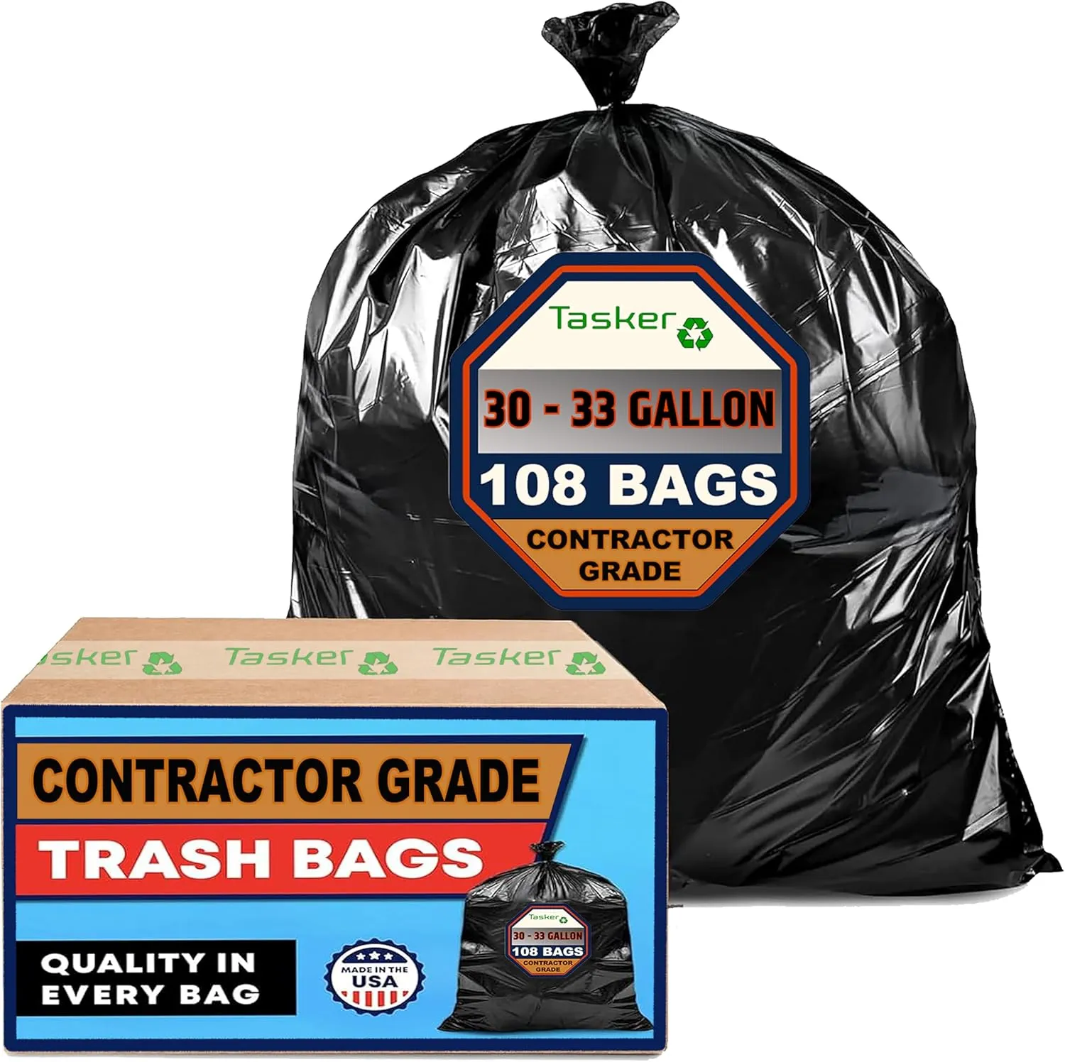 Trash Bags 30-33 Gallon Contractor 2 MIL Heavy Duty (Huge 108 Bags w/Ties) Construction Garbage Bags, 32-33 Gallon Trash Bags Heavy Duty Garbage Bags, Extra Large Trash Bag for Industrial & Commercial