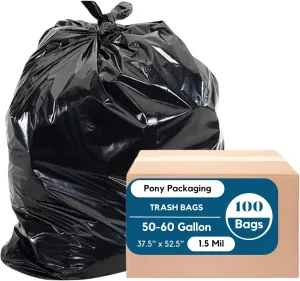 Trash Bags Heavy Duty | 100 Bags | Black Garbage Bags | 1.5 Mil | Made in USA (50-60 Gallon)