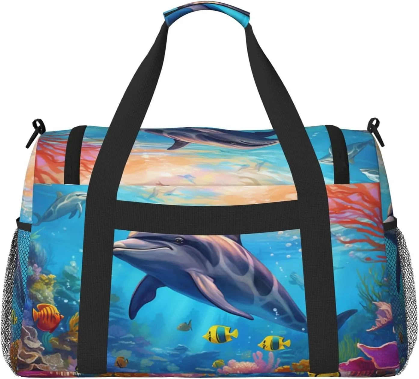 Travel Duffel Bag For Men Women, Cute Dolphin Fish Sea Coral Carry On Sport Gym Bag With Shoulder Strap Lightweight Waterproof Weekender Bag Overnight Bag