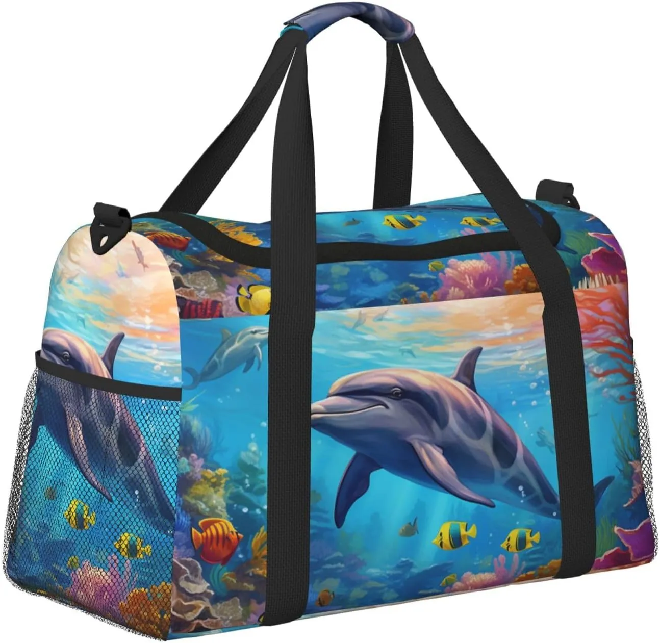 Travel Duffel Bag For Men Women, Cute Dolphin Fish Sea Coral Carry On Sport Gym Bag With Shoulder Strap Lightweight Waterproof Weekender Bag Overnight Bag