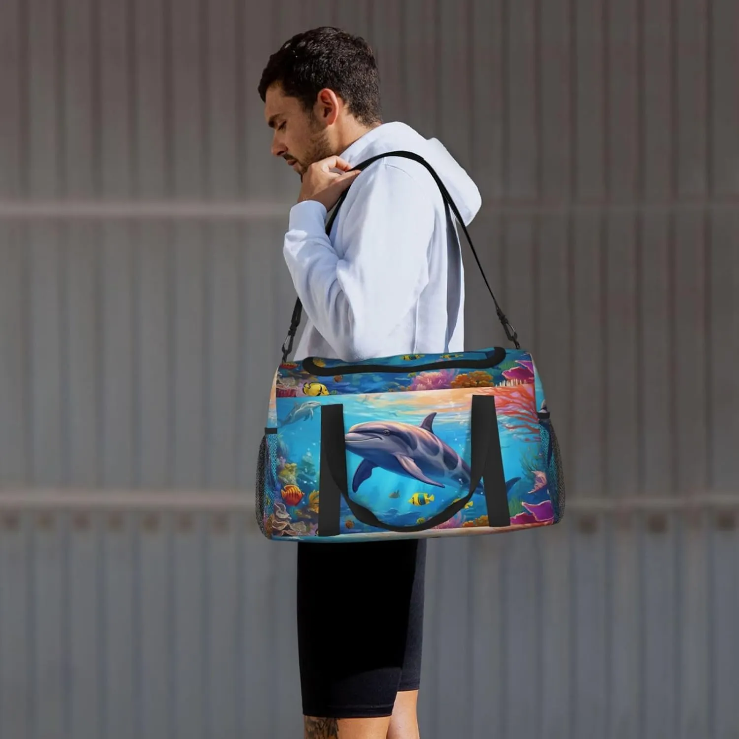 Travel Duffel Bag For Men Women, Cute Dolphin Fish Sea Coral Carry On Sport Gym Bag With Shoulder Strap Lightweight Waterproof Weekender Bag Overnight Bag