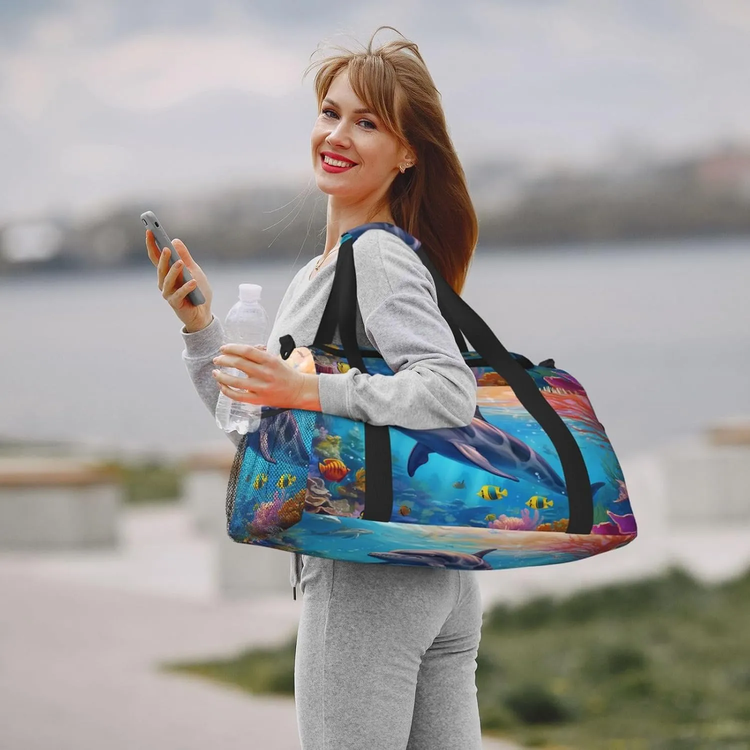 Travel Duffel Bag For Men Women, Cute Dolphin Fish Sea Coral Carry On Sport Gym Bag With Shoulder Strap Lightweight Waterproof Weekender Bag Overnight Bag