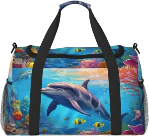 Travel Duffel Bag For Men Women, Cute Dolphin Fish Sea Coral Carry On Sport Gym Bag With Shoulder Strap Lightweight Waterproof Weekender Bag Overnight Bag