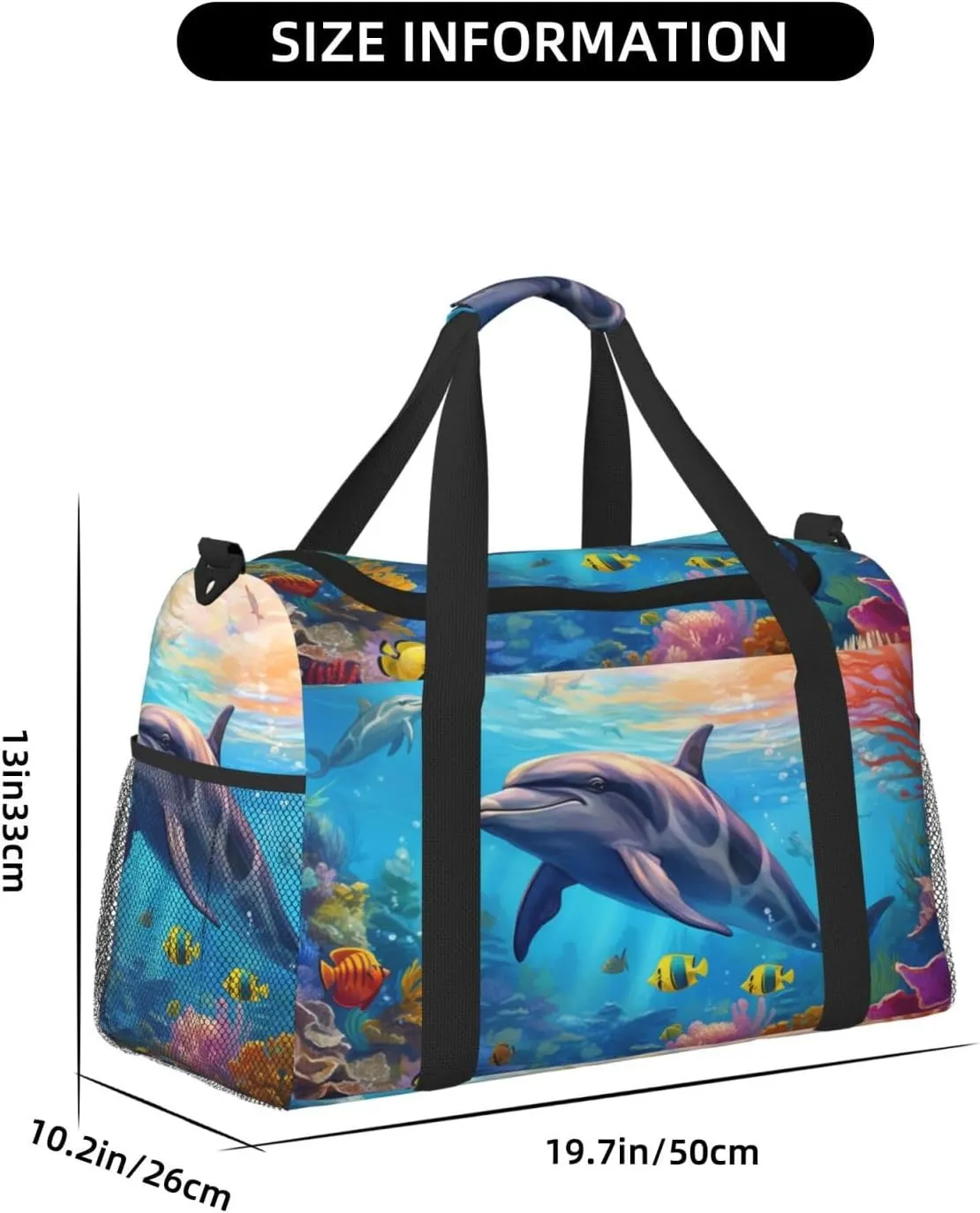 Travel Duffel Bag For Men Women, Cute Dolphin Fish Sea Coral Carry On Sport Gym Bag With Shoulder Strap Lightweight Waterproof Weekender Bag Overnight Bag