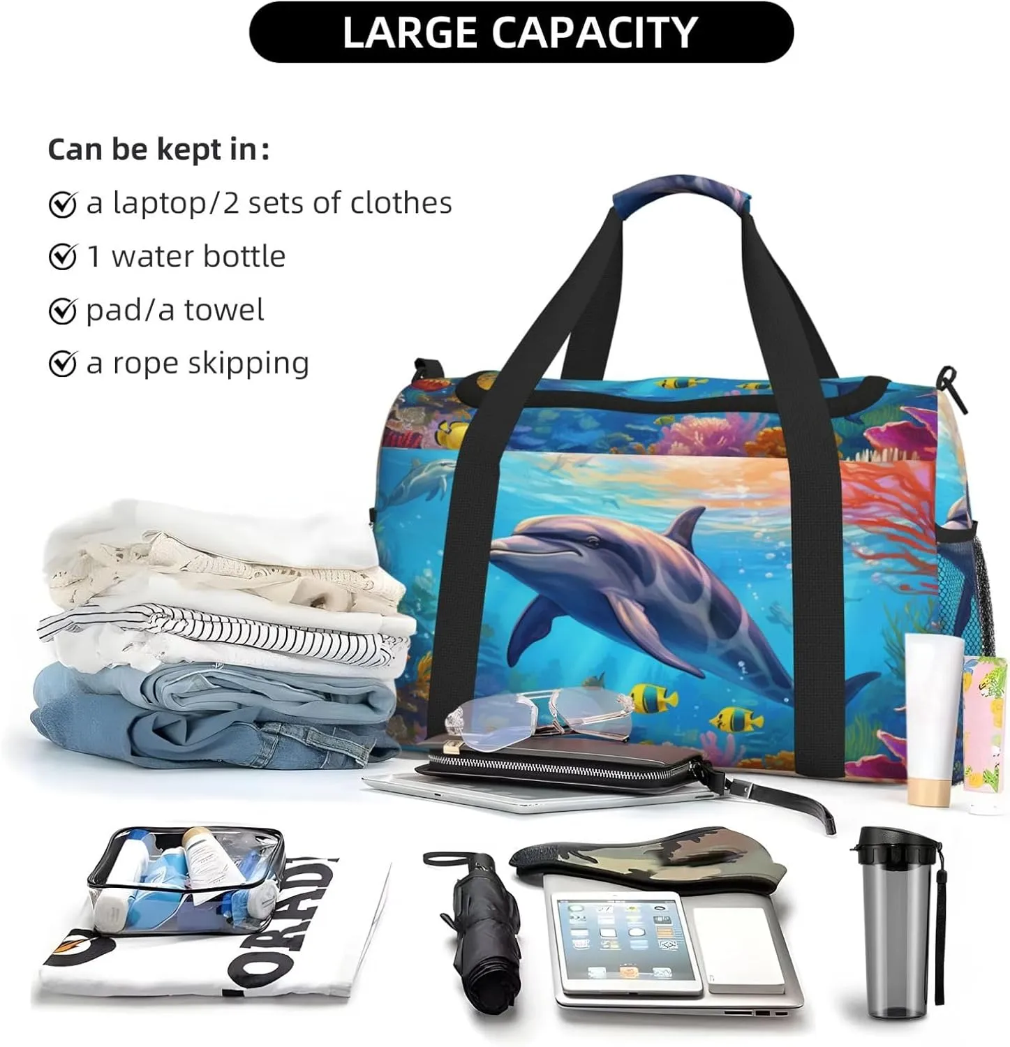 Travel Duffel Bag For Men Women, Cute Dolphin Fish Sea Coral Carry On Sport Gym Bag With Shoulder Strap Lightweight Waterproof Weekender Bag Overnight Bag