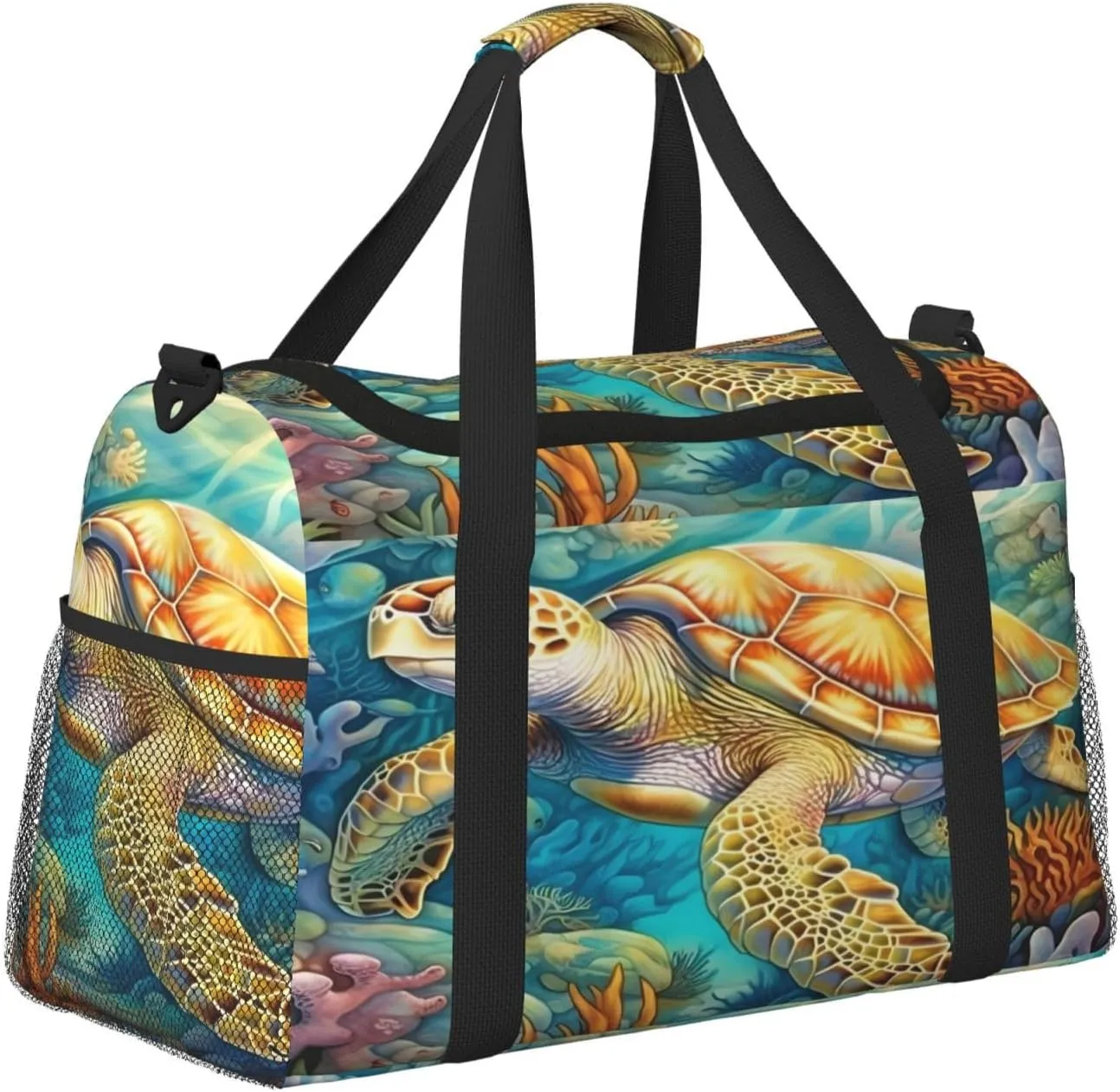 Travel Duffel Bag For Men Women, Sea Turtle Coral Carry On Sport Gym Bag With Shoulder Strap Lightweight Waterproof Weekender Bag Overnight Bag