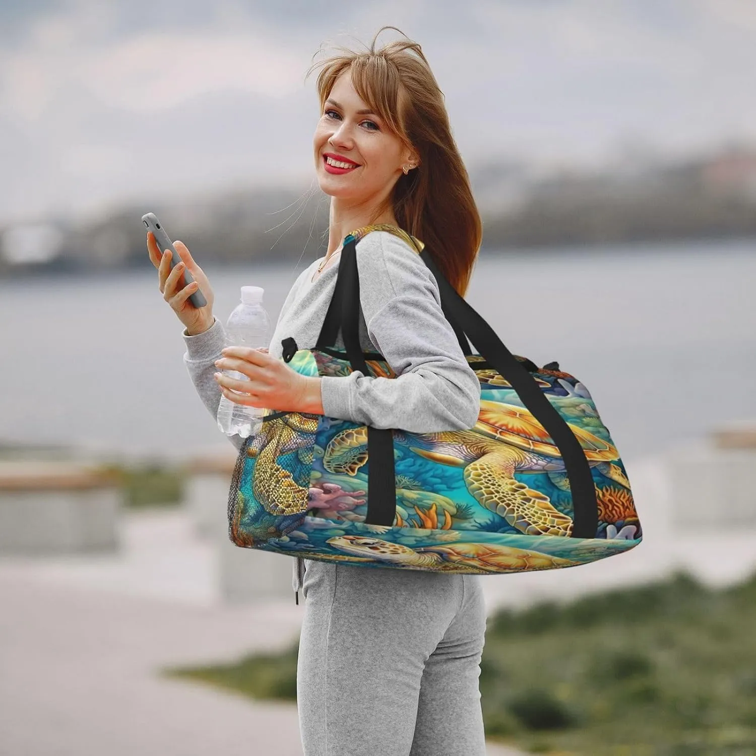 Travel Duffel Bag For Men Women, Sea Turtle Coral Carry On Sport Gym Bag With Shoulder Strap Lightweight Waterproof Weekender Bag Overnight Bag
