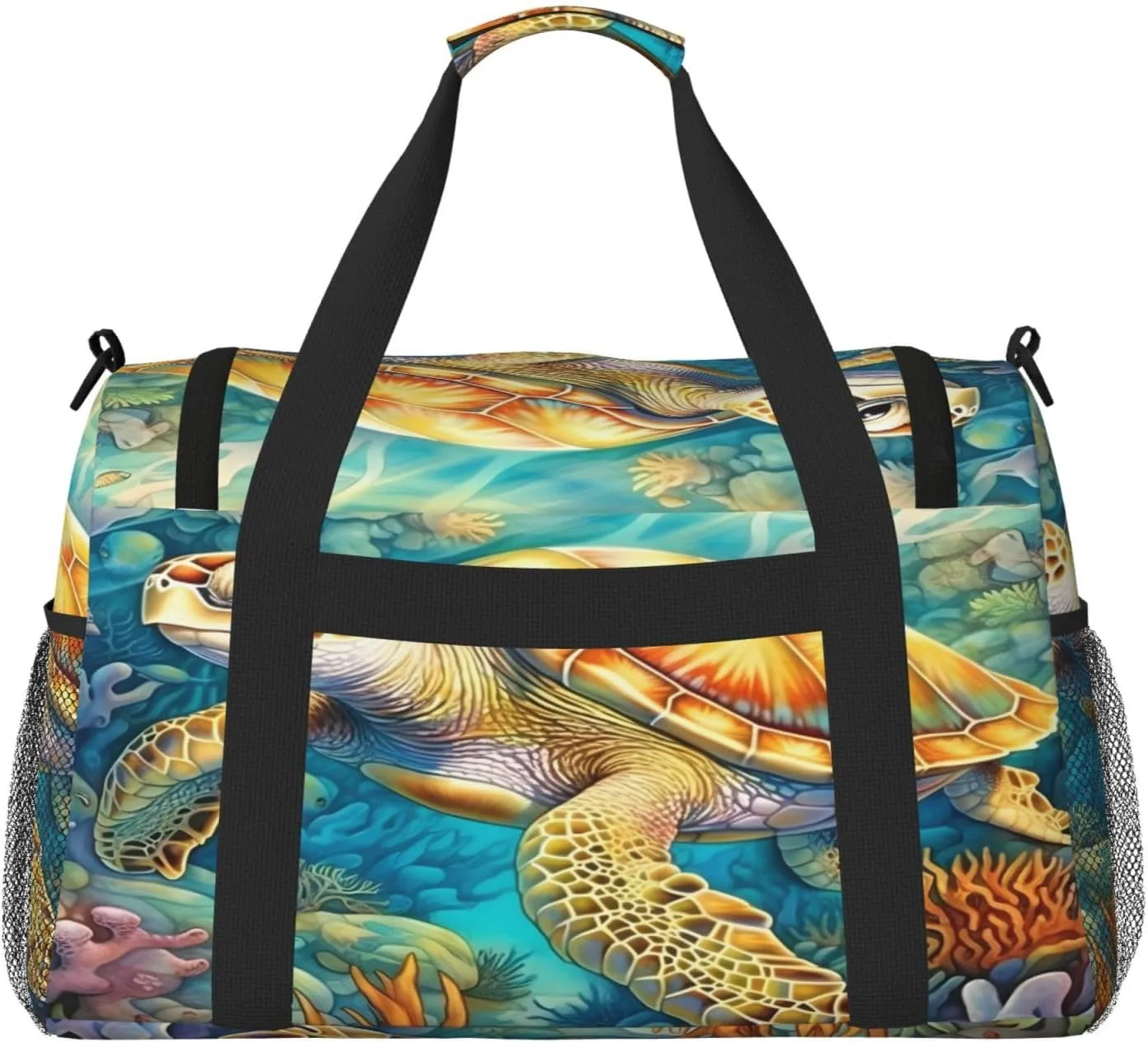 Travel Duffel Bag For Men Women, Sea Turtle Coral Carry On Sport Gym Bag With Shoulder Strap Lightweight Waterproof Weekender Bag Overnight Bag
