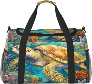 Travel Duffel Bag For Men Women, Sea Turtle Coral Carry On Sport Gym Bag With Shoulder Strap Lightweight Waterproof Weekender Bag Overnight Bag