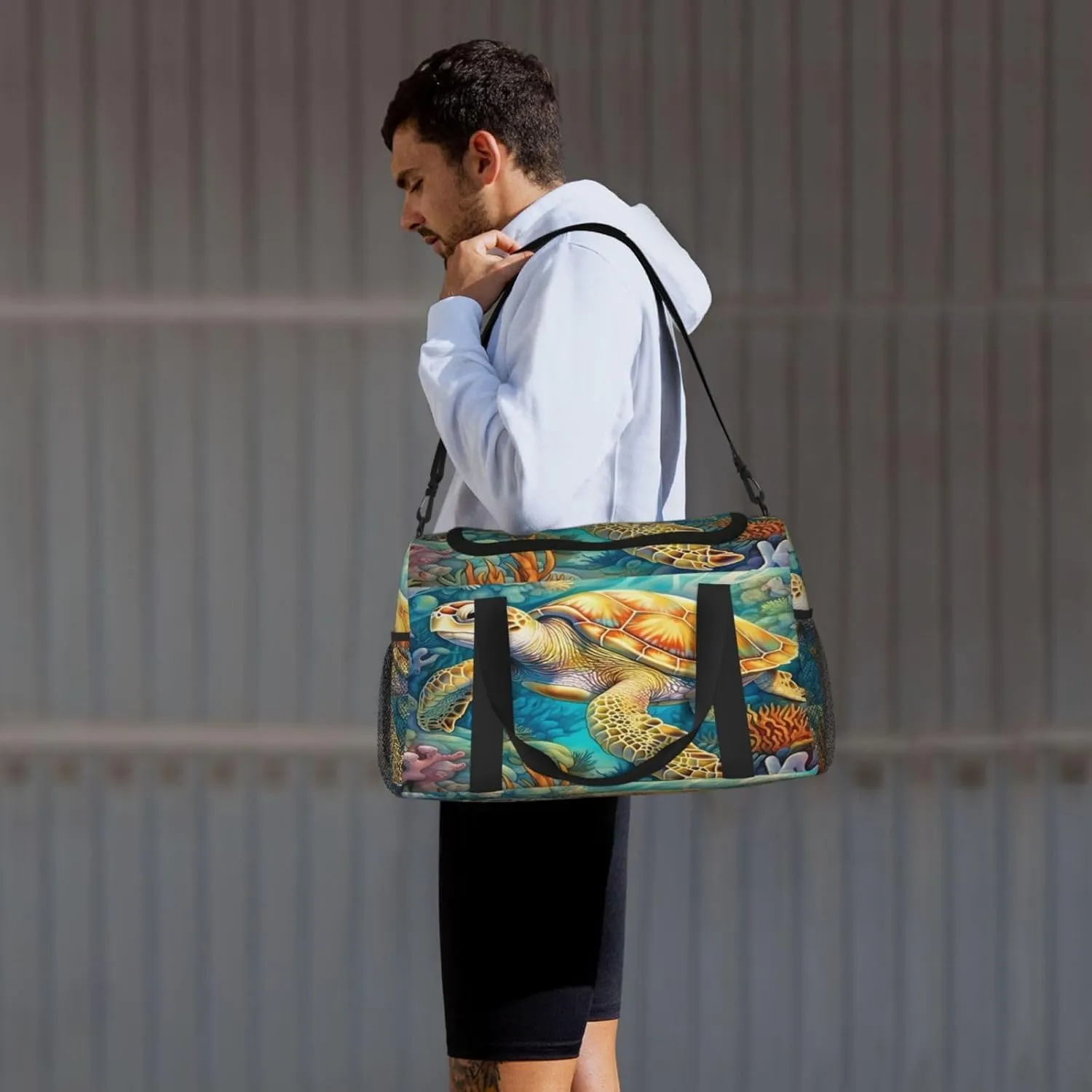 Travel Duffel Bag For Men Women, Sea Turtle Coral Carry On Sport Gym Bag With Shoulder Strap Lightweight Waterproof Weekender Bag Overnight Bag