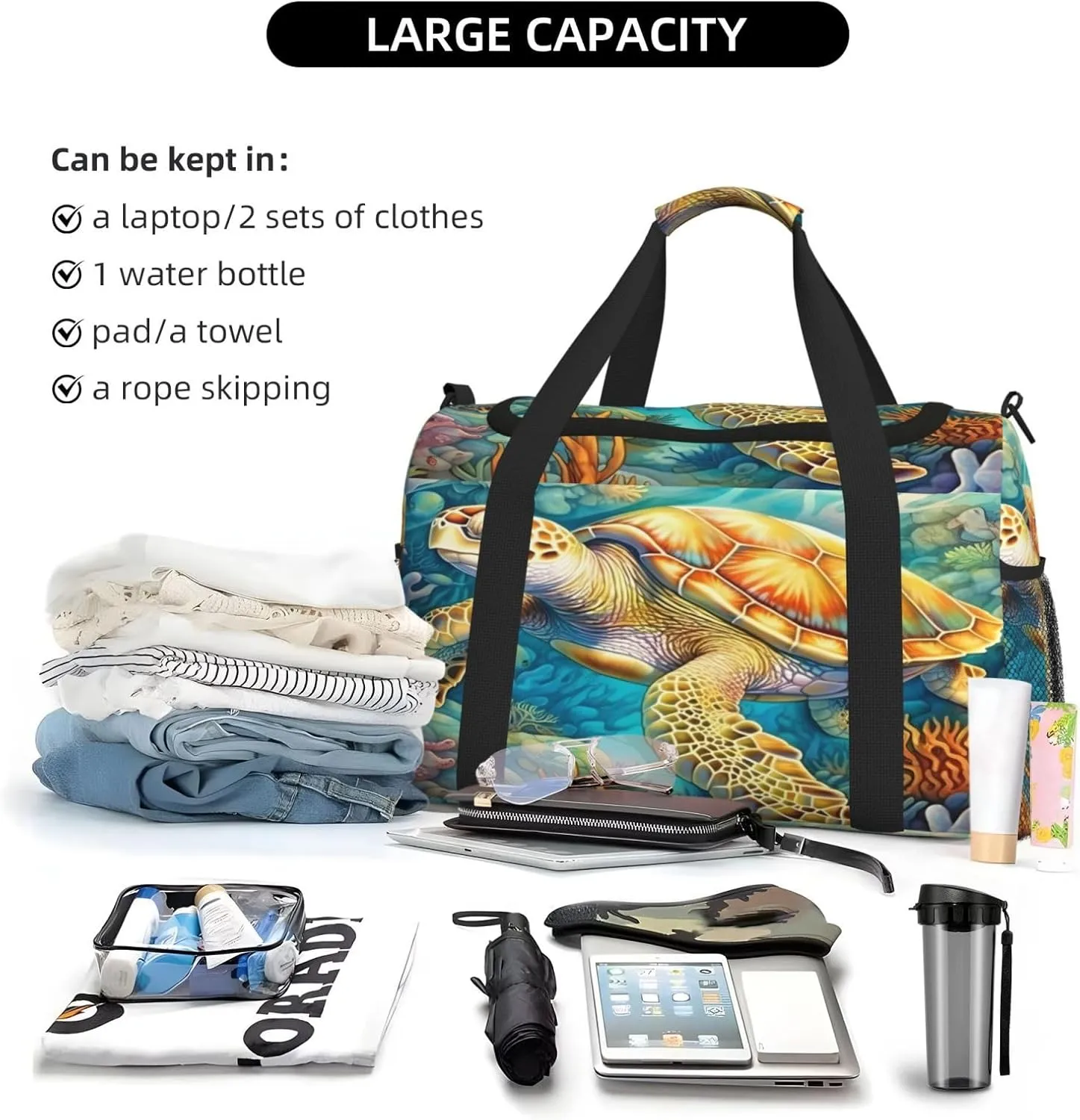 Travel Duffel Bag For Men Women, Sea Turtle Coral Carry On Sport Gym Bag With Shoulder Strap Lightweight Waterproof Weekender Bag Overnight Bag