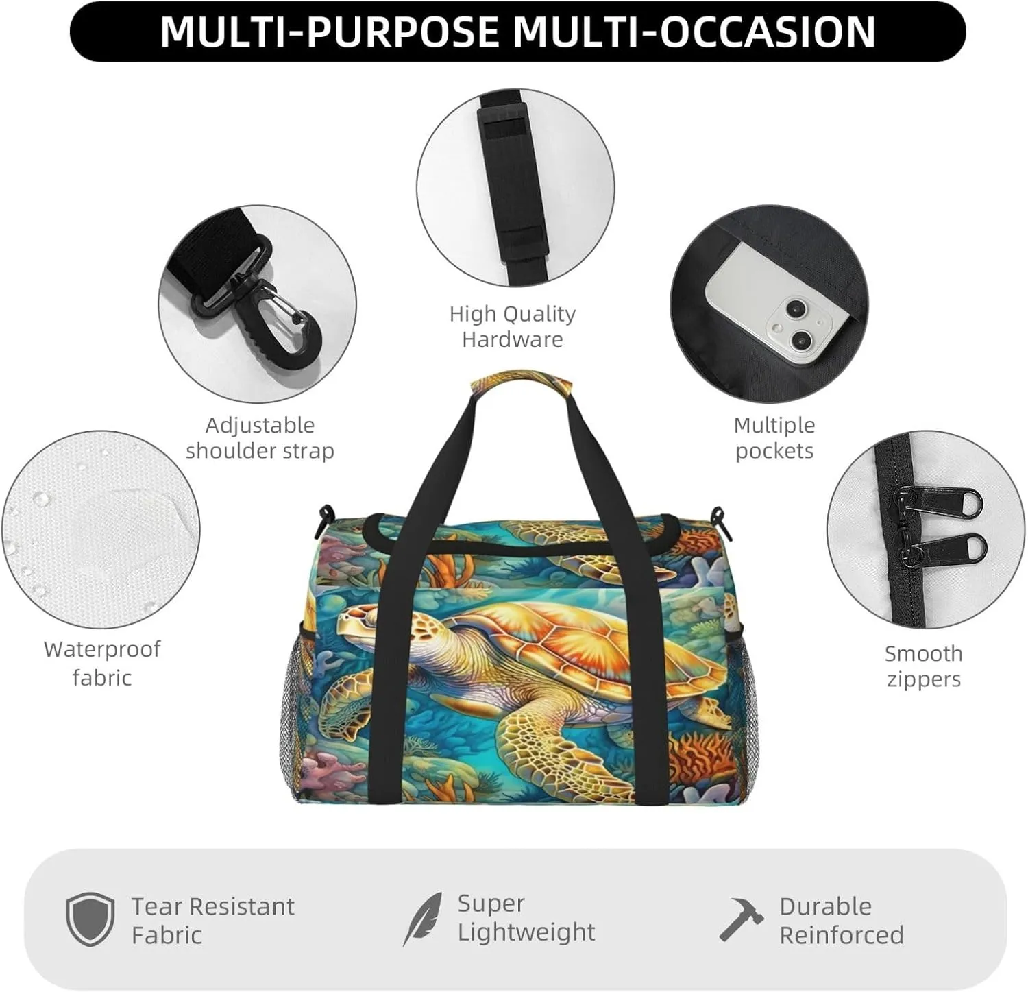 Travel Duffel Bag For Men Women, Sea Turtle Coral Carry On Sport Gym Bag With Shoulder Strap Lightweight Waterproof Weekender Bag Overnight Bag