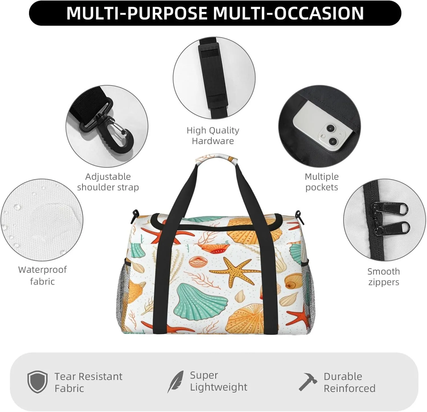Travel Duffel Bag For Men Women, Seashells Starfish Coral Pattern Carry On Sport Gym Bag With Shoulder Strap Lightweight Waterproof Weekender Bag Overnight Bag