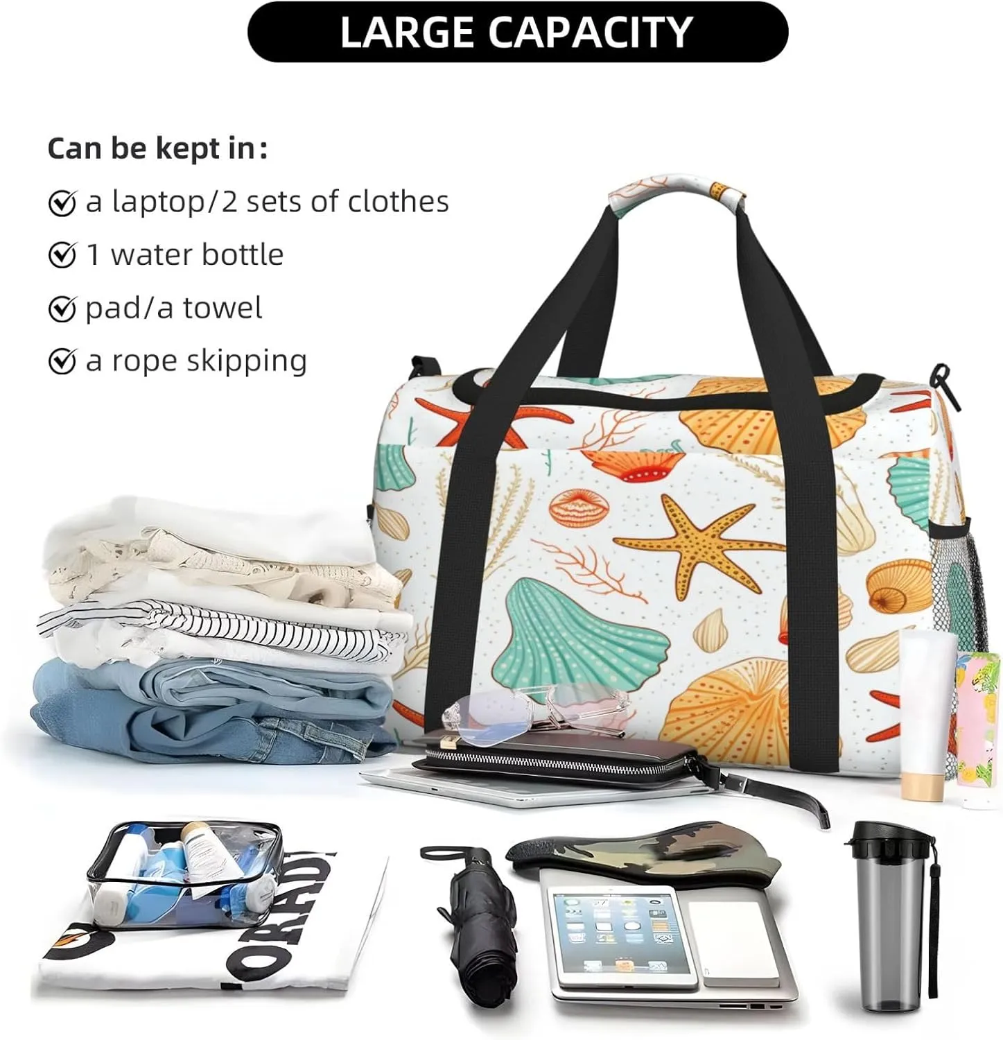 Travel Duffel Bag For Men Women, Seashells Starfish Coral Pattern Carry On Sport Gym Bag With Shoulder Strap Lightweight Waterproof Weekender Bag Overnight Bag