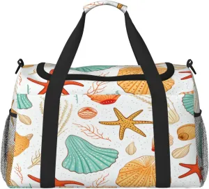 Travel Duffel Bag For Men Women, Seashells Starfish Coral Pattern Carry On Sport Gym Bag With Shoulder Strap Lightweight Waterproof Weekender Bag Overnight Bag