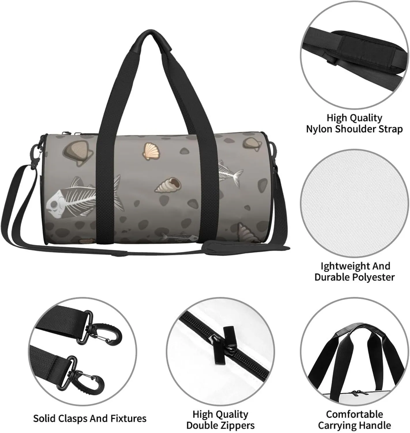 Travel Duffle Bag for Men Women, Soil Fishbone Seashell Fossils Duffle Bags for Sport Gym Overnight Luggage
