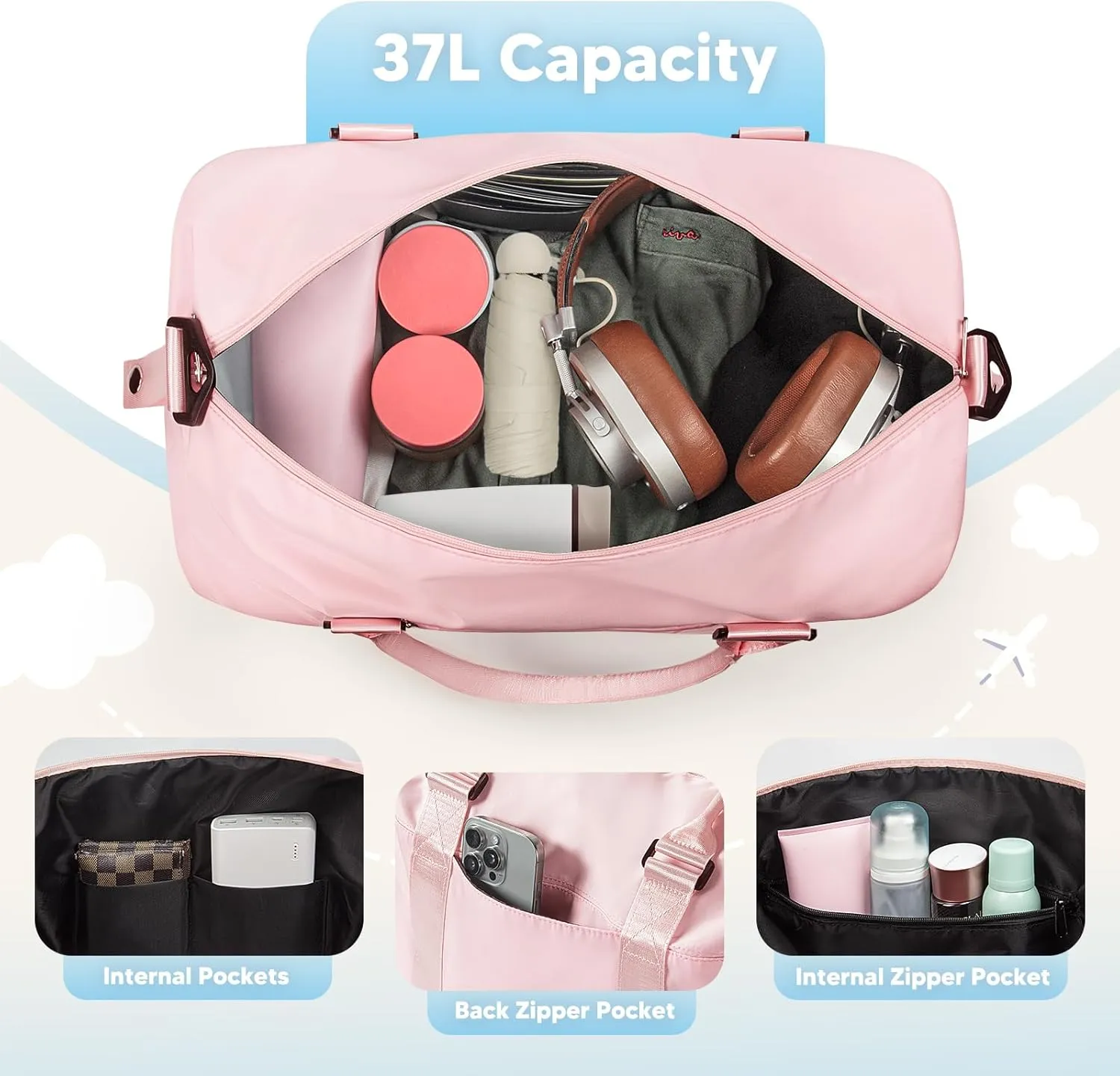 Travel Duffle Bag, Waterproof Weekender Bag for Women, Lightweight Carry on Sport Gym Bag for Women, Overnight Tote Luggage Bag with Trollery Sleeve (Coral Pink)
