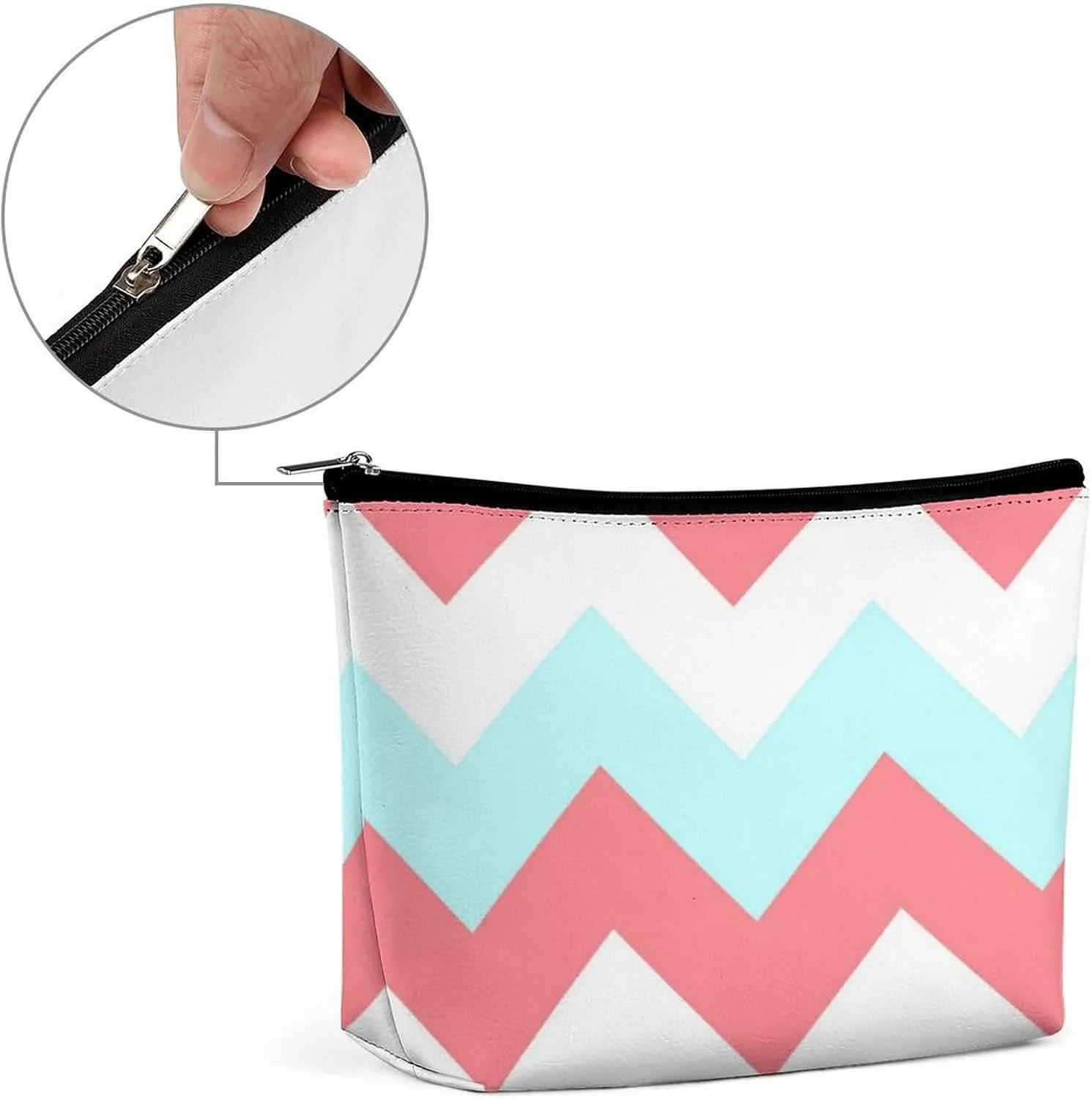 Travel Makeup Bag, Chevron Zigzag Coral Aqua White Cosmetic Bags for Women Large Capacity Waterproof Toiletry Pouch Make up Organizer