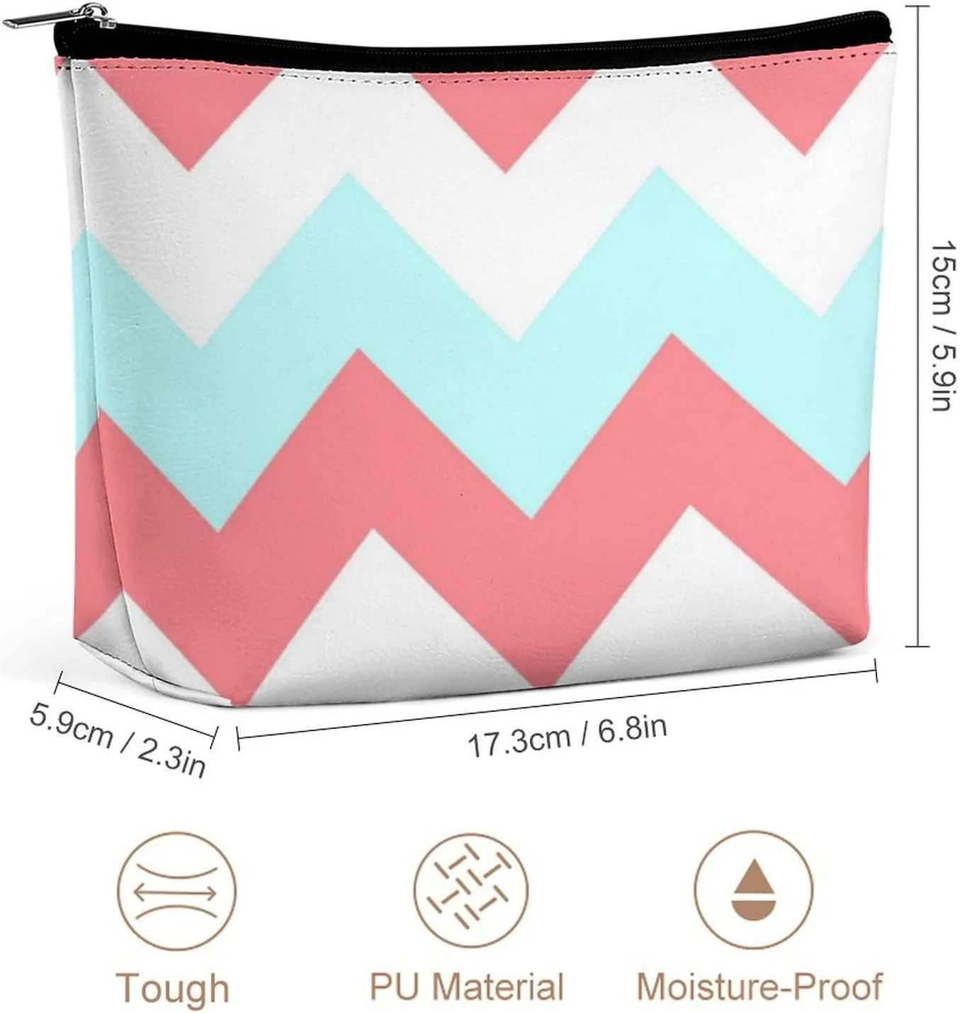 Travel Makeup Bag, Chevron Zigzag Coral Aqua White Cosmetic Bags for Women Large Capacity Waterproof Toiletry Pouch Make up Organizer
