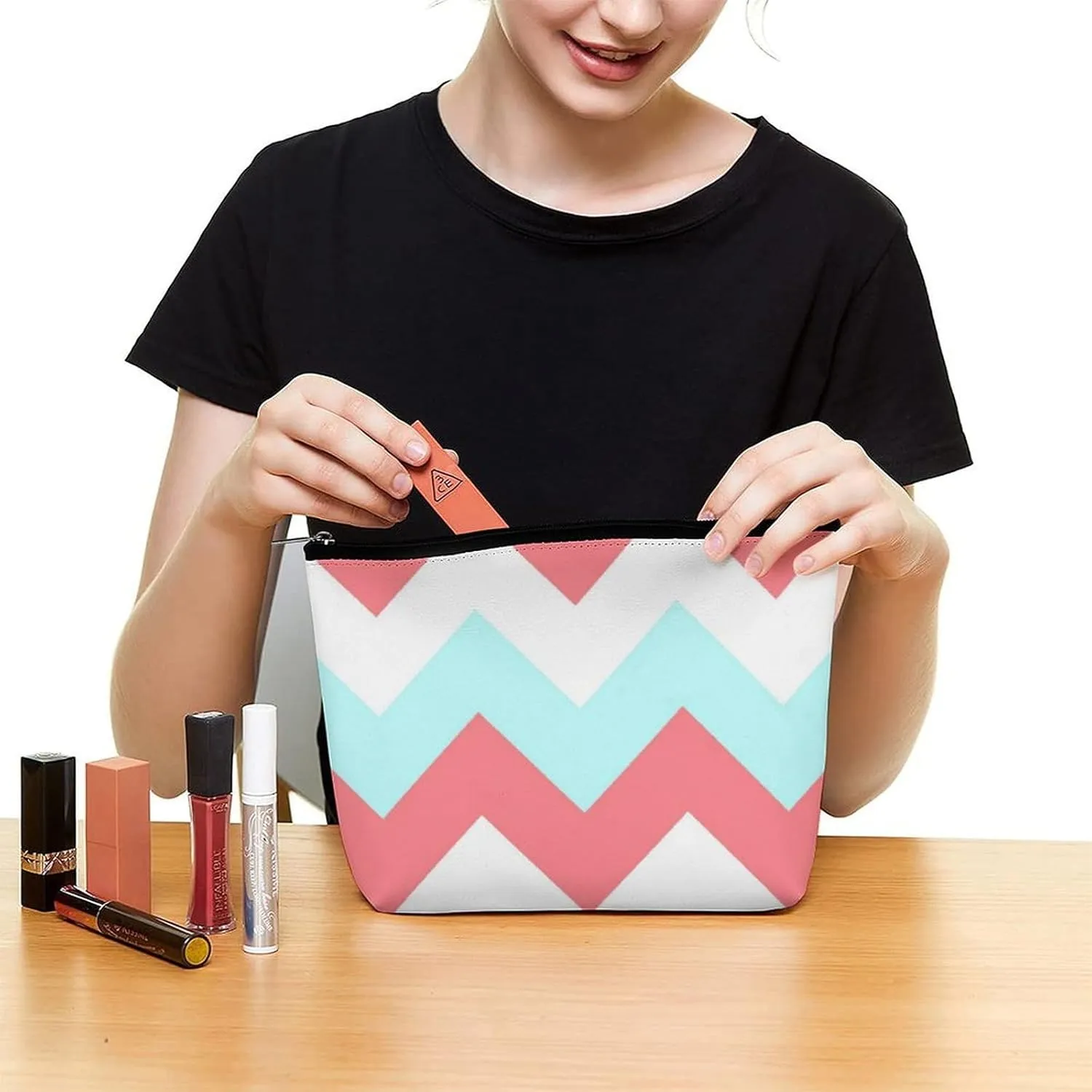 Travel Makeup Bag, Chevron Zigzag Coral Aqua White Cosmetic Bags for Women Large Capacity Waterproof Toiletry Pouch Make up Organizer