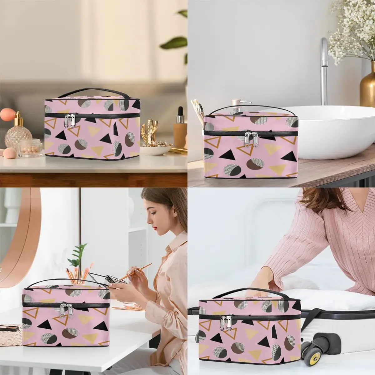 Travel Makeup Bag, Geometric Cosmetic Bag for Women Girls, Portable Large Toiletry Bag Organizer for Toiletries Accessories Brushes