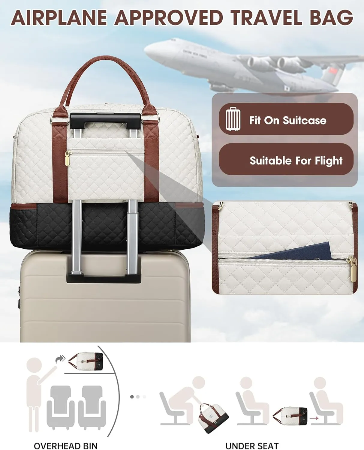 Travel Weekender Bags for Women - Large Carry On Duffel Bags with Shoe Compartment Overnight Weekender Tote Bags with Wet Pocket Gym Duffle Bag for Travel Sports Weekend Hospital Beige Black Brown