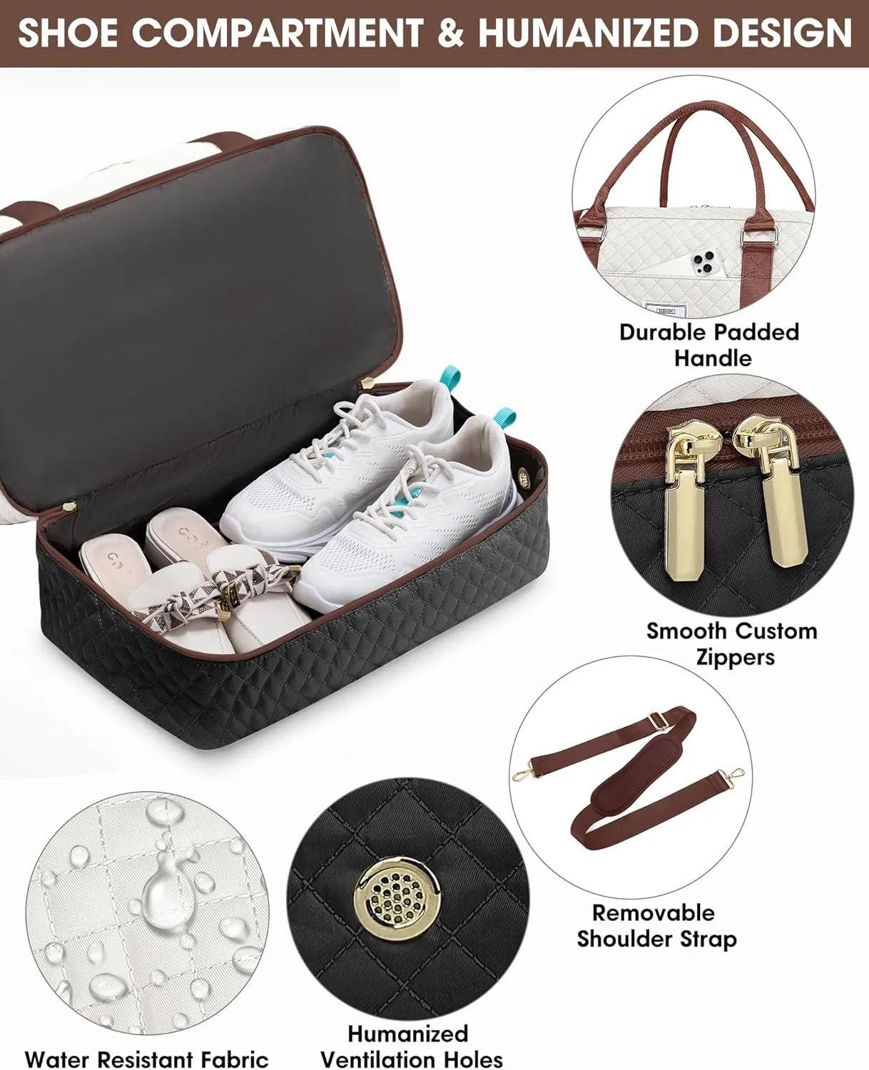 Travel Weekender Bags for Women - Large Carry On Duffel Bags with Shoe Compartment Overnight Weekender Tote Bags with Wet Pocket Gym Duffle Bag for Travel Sports Weekend Hospital Beige Black Brown