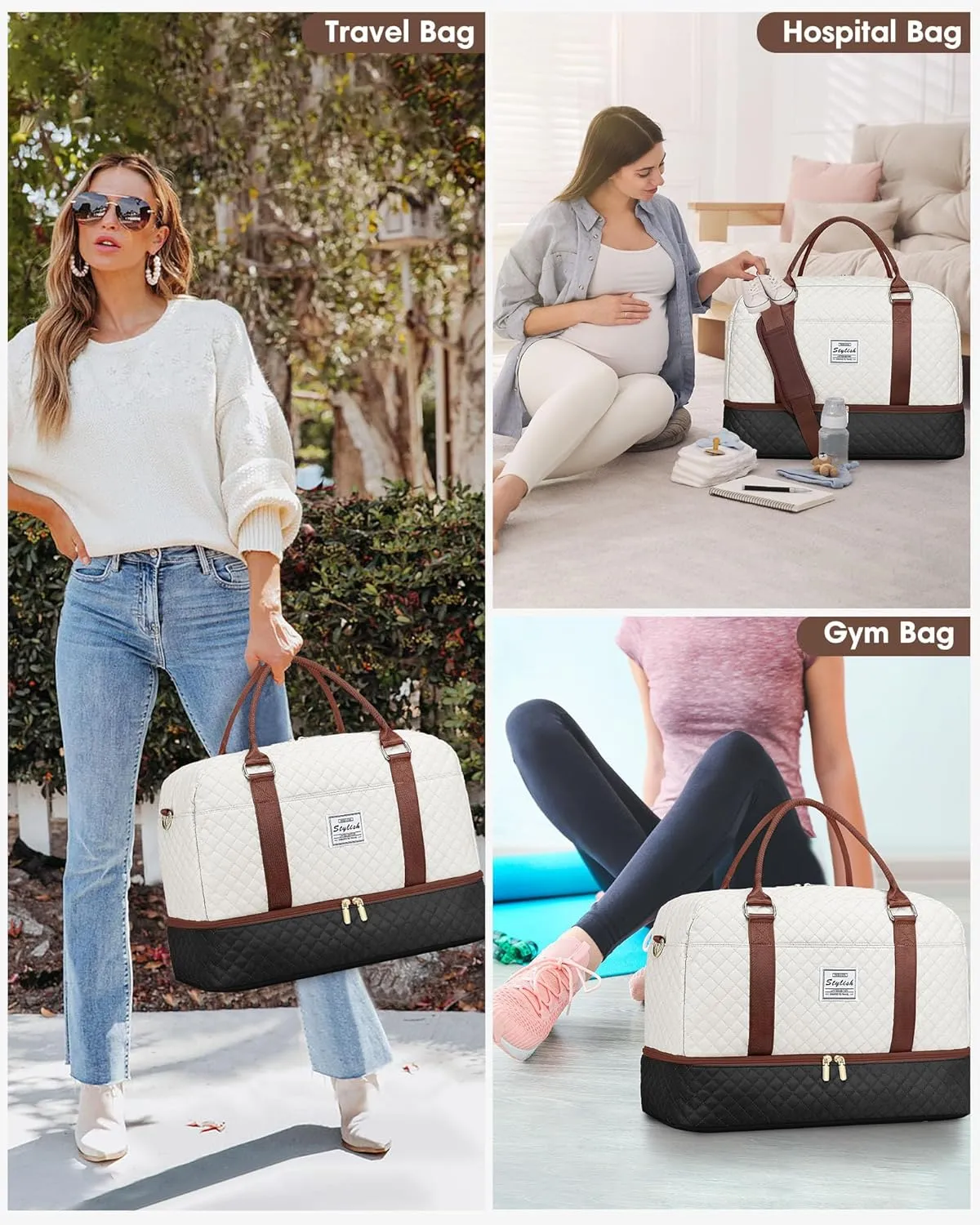 Travel Weekender Bags for Women - Large Carry On Duffel Bags with Shoe Compartment Overnight Weekender Tote Bags with Wet Pocket Gym Duffle Bag for Travel Sports Weekend Hospital Beige Black Brown