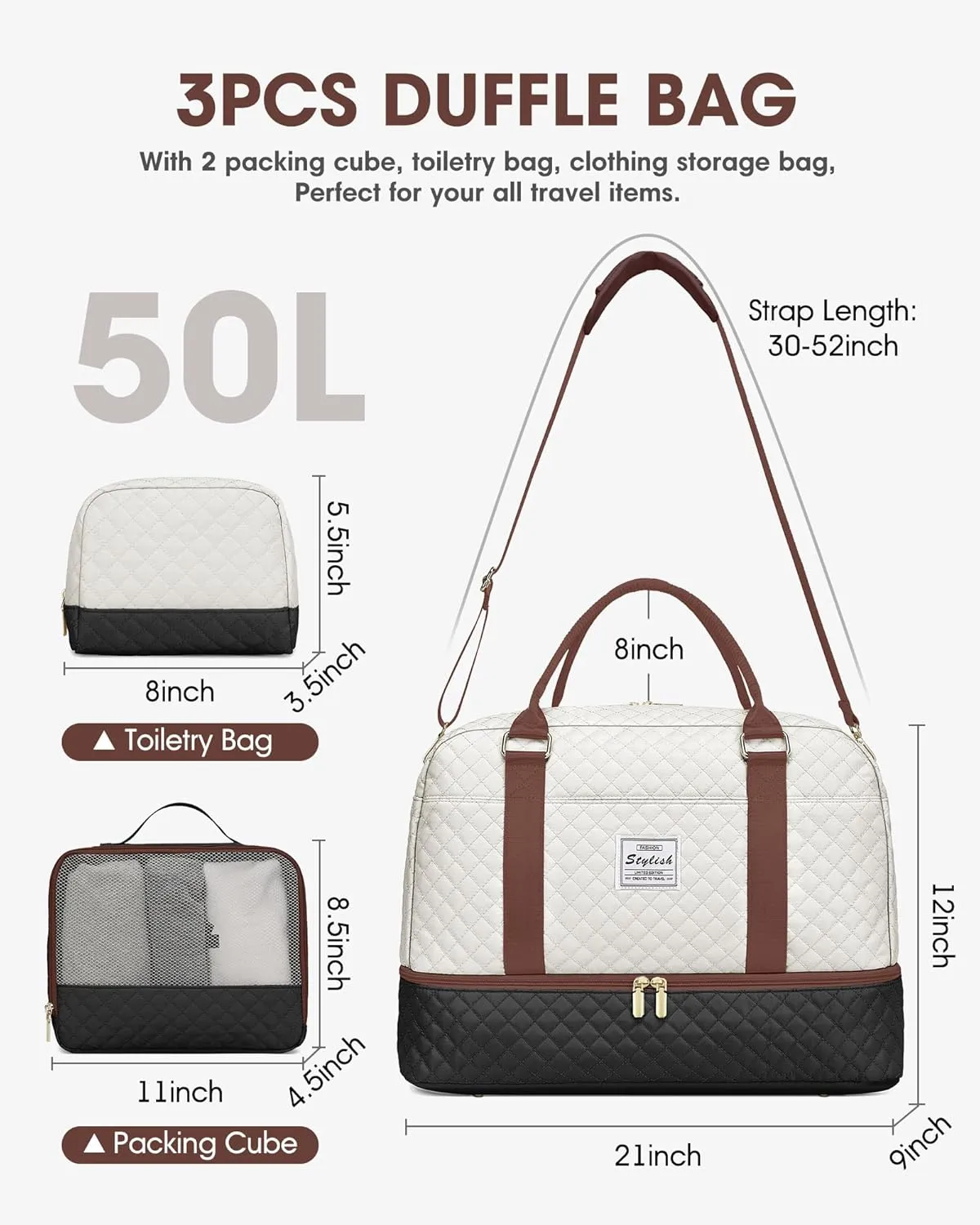 Travel Weekender Bags for Women - Large Carry On Duffel Bags with Shoe Compartment Overnight Weekender Tote Bags with Wet Pocket Gym Duffle Bag for Travel Sports Weekend Hospital Beige Black Brown