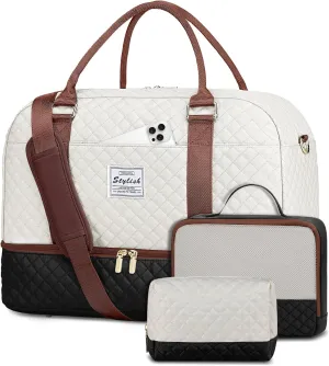 Travel Weekender Bags for Women - Large Carry On Duffel Bags with Shoe Compartment Overnight Weekender Tote Bags with Wet Pocket Gym Duffle Bag for Travel Sports Weekend Hospital Beige Black Brown