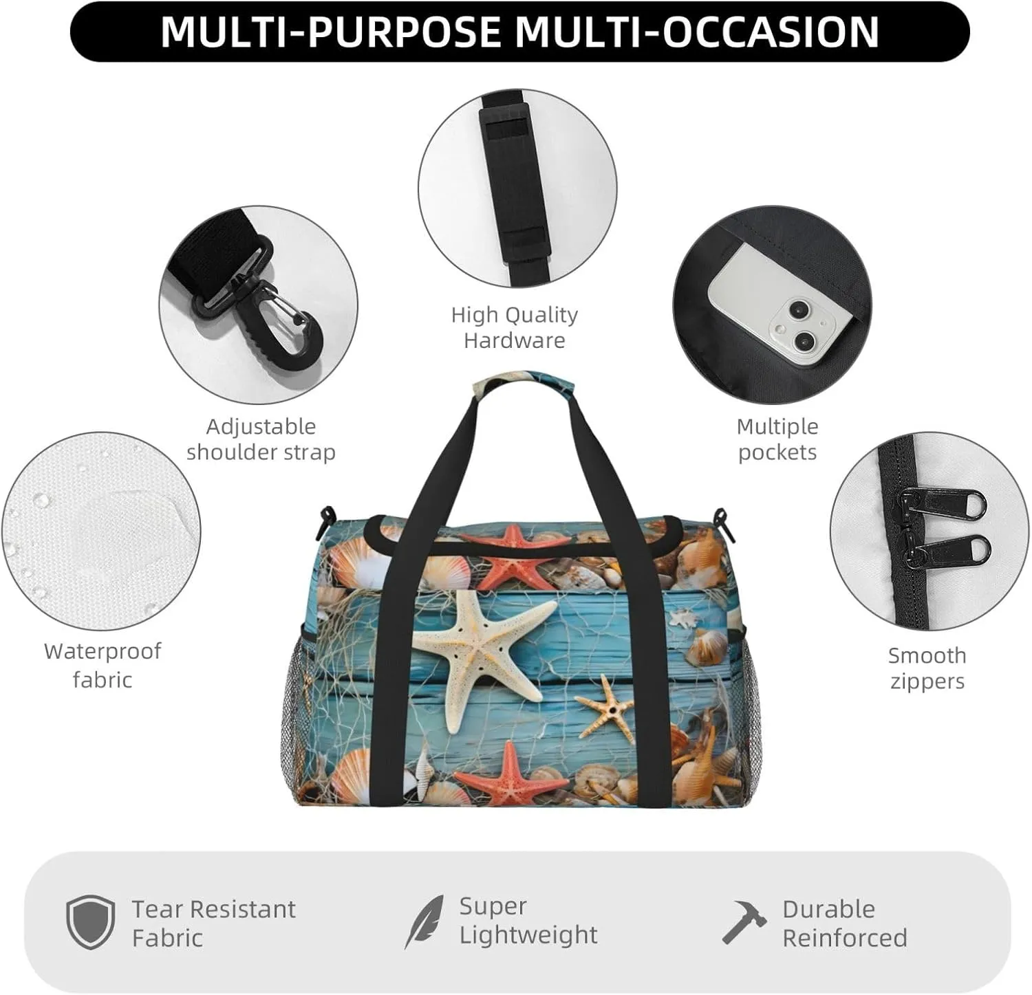 Travel Weekender Overnight Bags Seashell Beach Starfish Foldable Hand Travel Bag Sport Gym Duffel Bag For Men Women