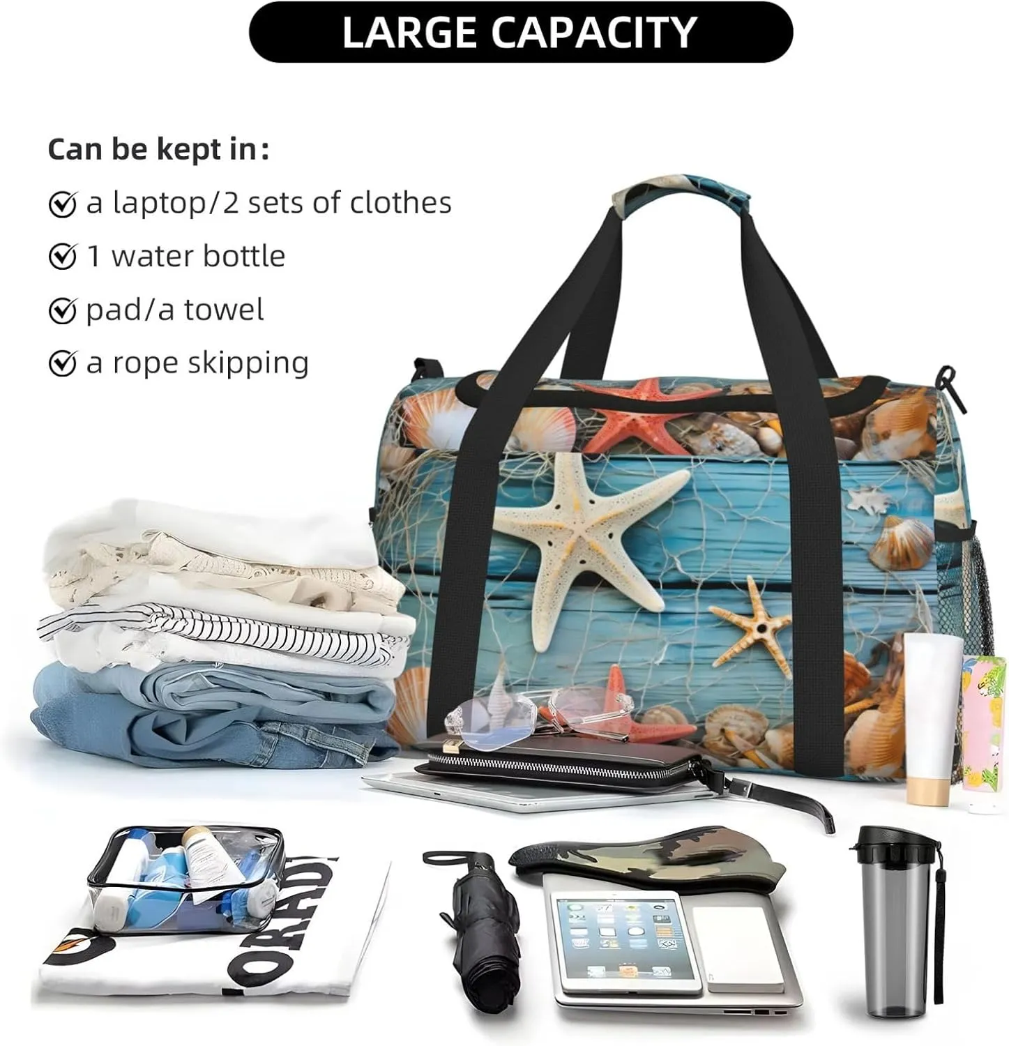Travel Weekender Overnight Bags Seashell Beach Starfish Foldable Hand Travel Bag Sport Gym Duffel Bag For Men Women