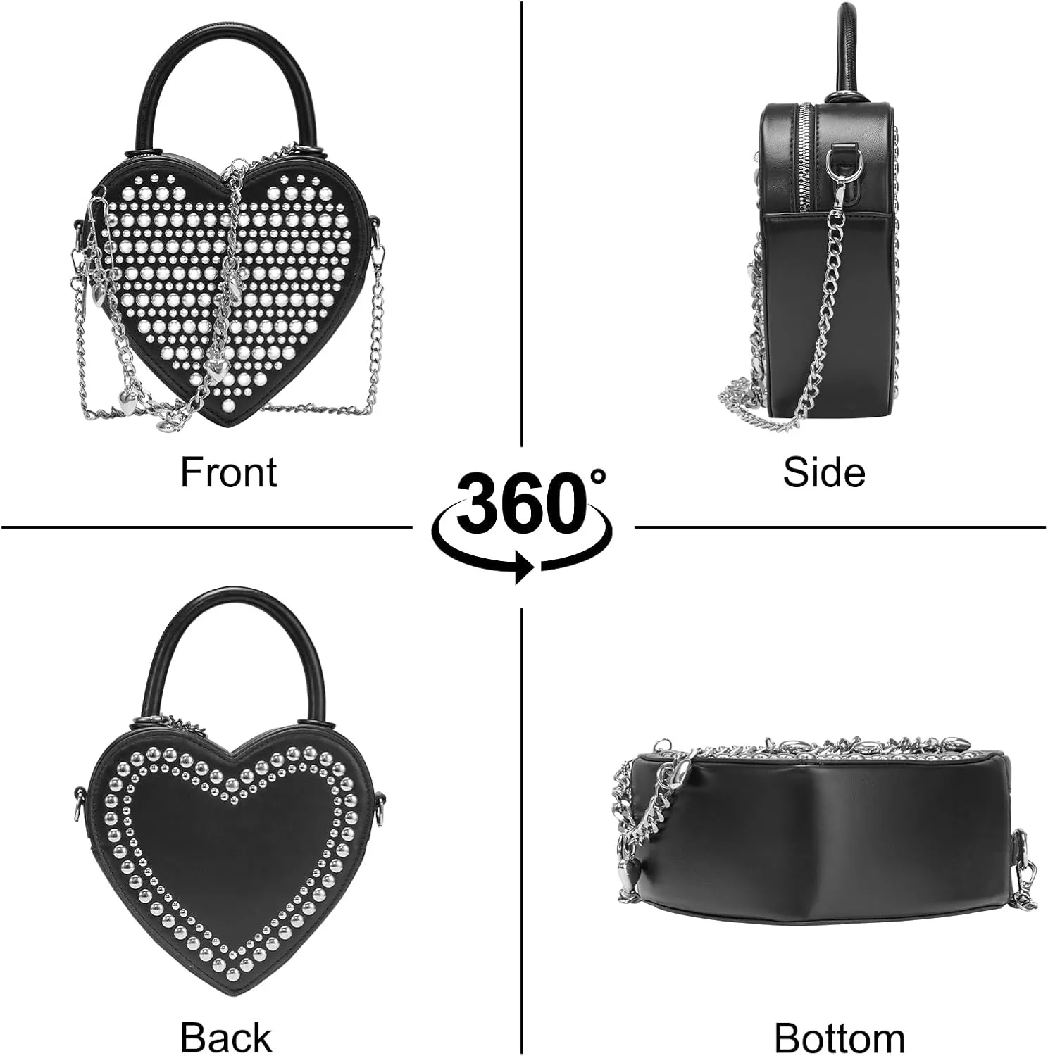 TRBSXRT Heart Satchel Crossbody Purse for Women - Rivets Embellished Shoulder Bag, Leather Heart Shaped Handbag