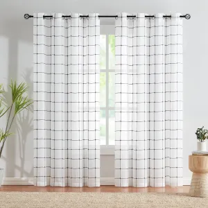 Treatmentex White Sheer Curtains for Living-Room 84 inch Long Grey Checkered Sheer Window Drapes for Bedroom Light Filtering Square Geometric Plaid Farmhouse Décor Grommet Top, White Grey 2 Panels