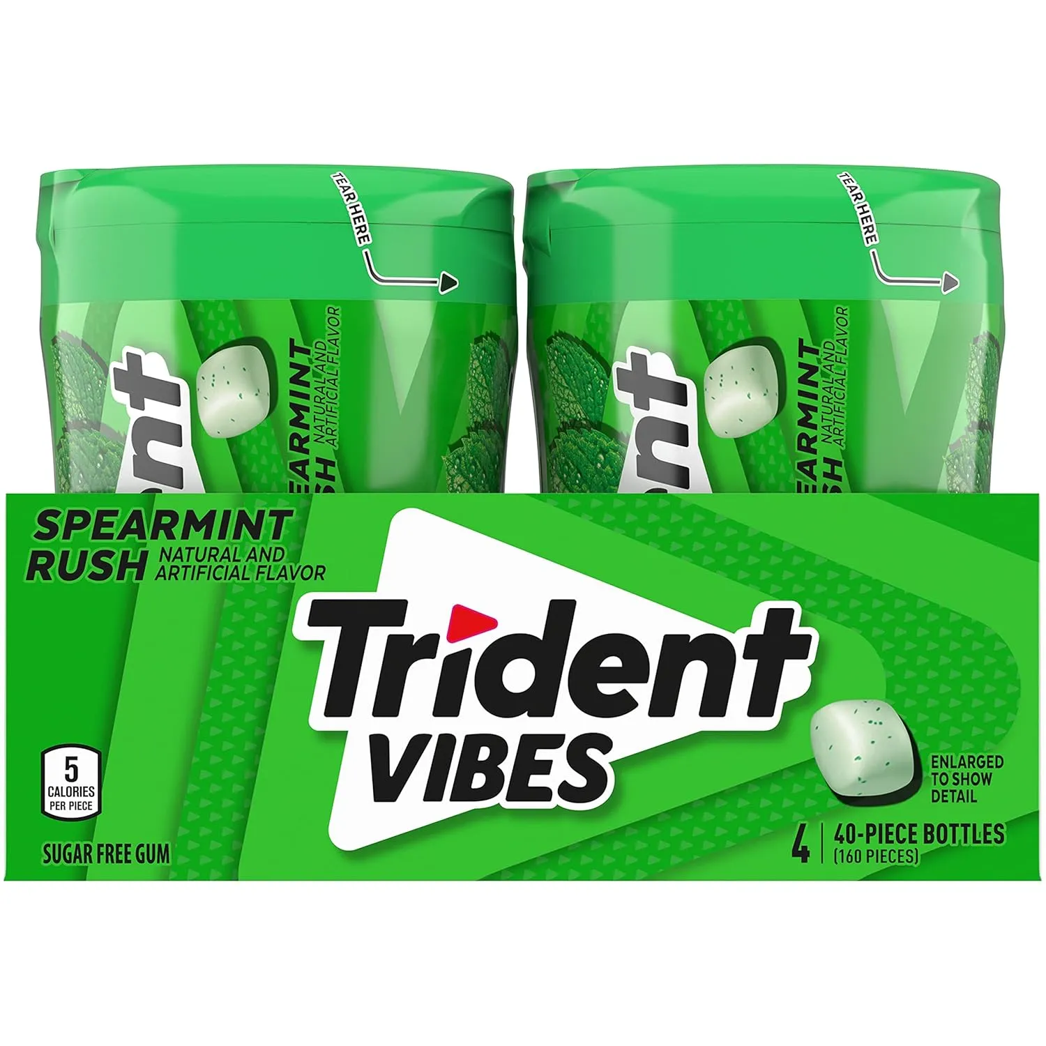 Trident Vibes Spearmint Rush Sugar Free Gum, 4 Bottles of 40 Pieces (160 Total Pieces)