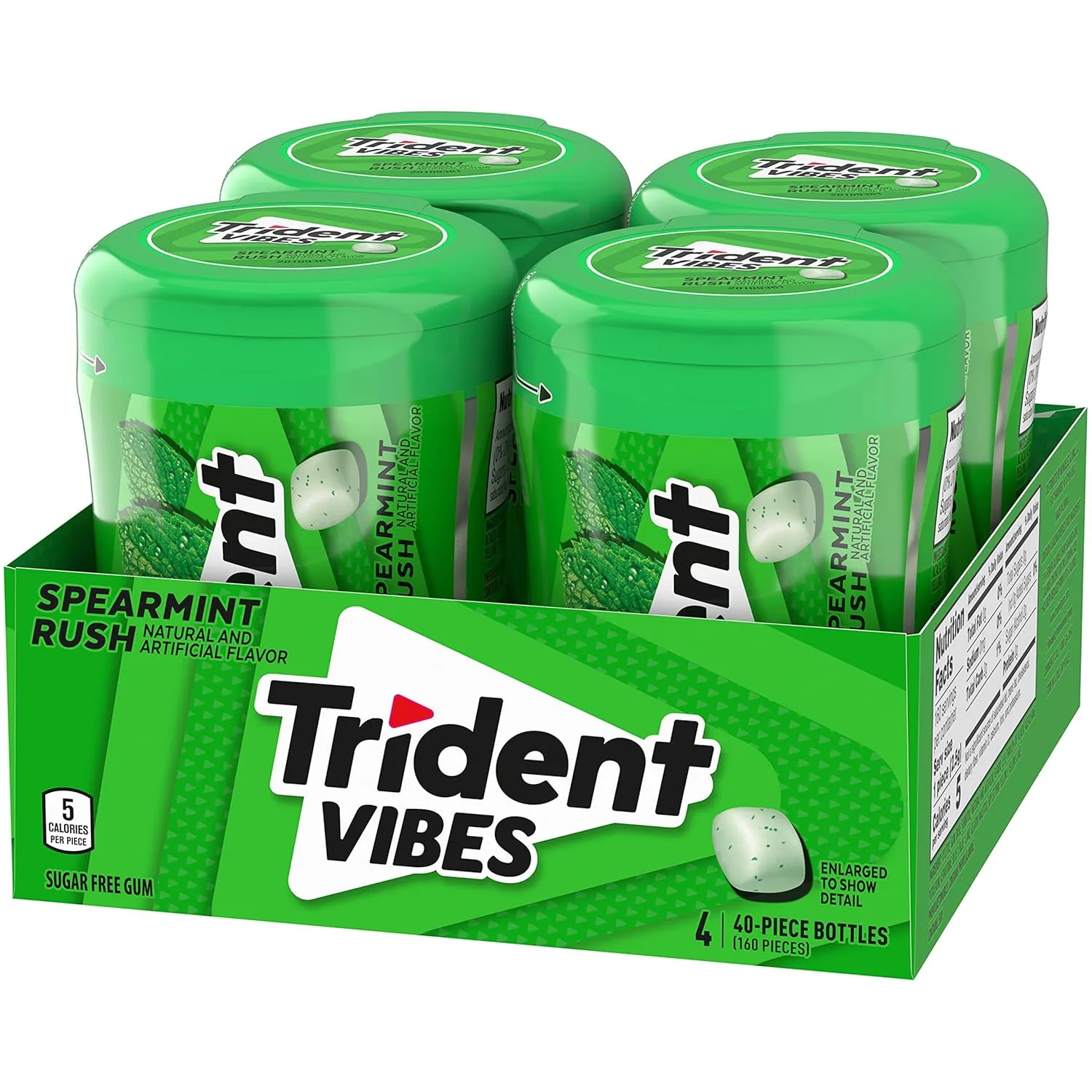 Trident Vibes Spearmint Rush Sugar Free Gum, 4 Bottles of 40 Pieces (160 Total Pieces)
