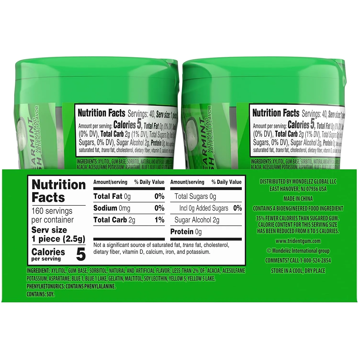 Trident Vibes Spearmint Rush Sugar Free Gum, 4 Bottles of 40 Pieces (160 Total Pieces)
