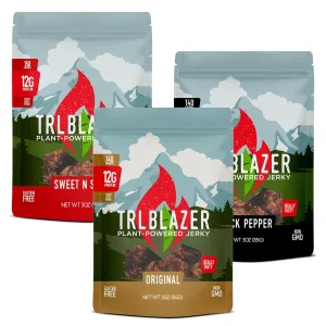 TrlBlazer Plant Powered Vegan Jerky – High Protein, All Natural, Vegan Meat Snack – 12g Plant-Based Protein – Soy-Free, Gluten Free, Non-GMO – 3 Pack – 3 oz Bags (9 Ounce, Variety Pack)