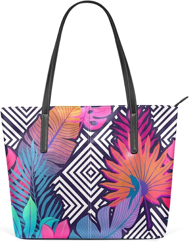Tropic Leaves Geometric Figures Tote Bag for Women Leather Shoulder Handbag with Zipper and Pockets Fashion Casual Handle Bag Purse for Travel Beach Working Laptop School Gym Shopping