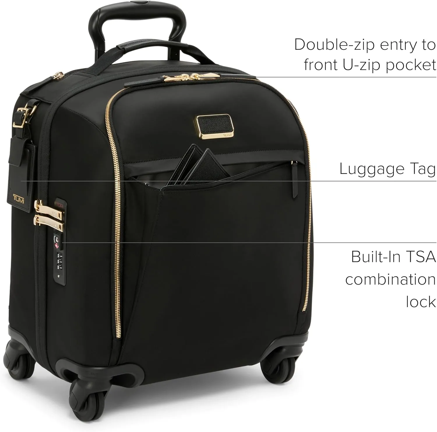 TUMI - Voyageur Leger 4 Wheel Carry-On Luggage - Lightweight and Spacious, Sleek Silhouette, Durable Women's Suitcase - 16" Compact Carry-On, Black with Gold Hardware