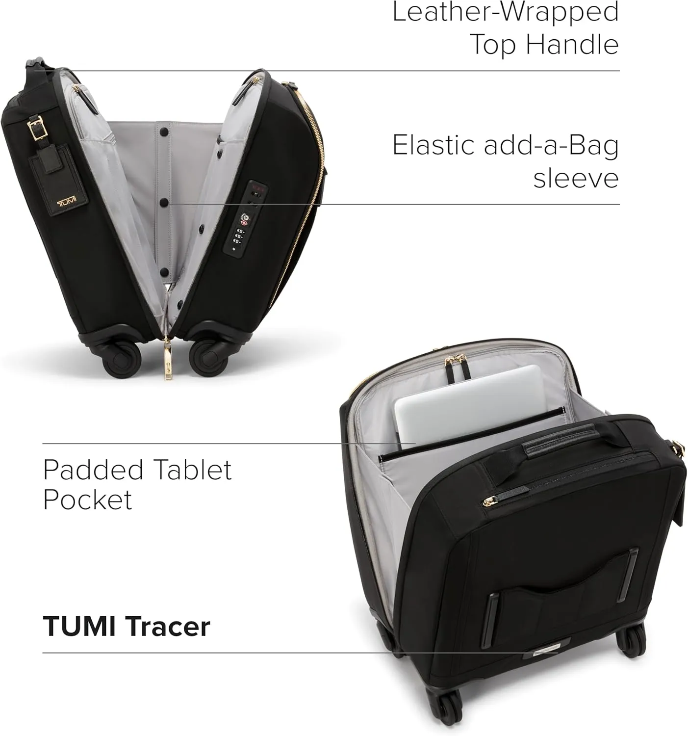 TUMI - Voyageur Leger 4 Wheel Carry-On Luggage - Lightweight and Spacious, Sleek Silhouette, Durable Women's Suitcase - 16" Compact Carry-On, Black with Gold Hardware