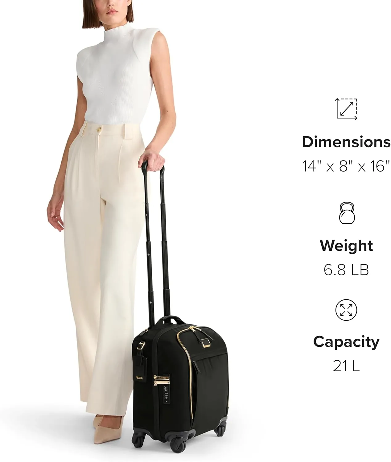 TUMI - Voyageur Leger 4 Wheel Carry-On Luggage - Lightweight and Spacious, Sleek Silhouette, Durable Women's Suitcase - 16" Compact Carry-On, Black with Gold Hardware