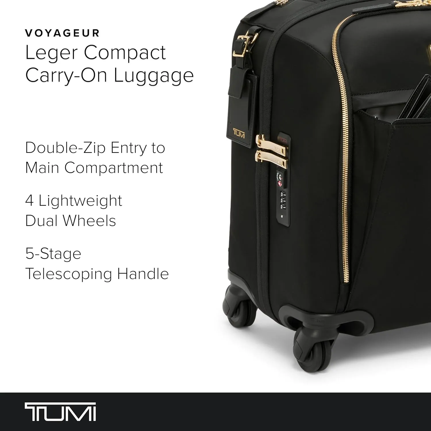 TUMI - Voyageur Leger 4 Wheel Carry-On Luggage - Lightweight and Spacious, Sleek Silhouette, Durable Women's Suitcase - 16" Compact Carry-On, Black with Gold Hardware