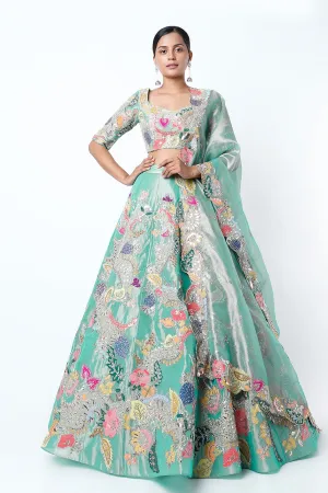 Turquoise Juna Tissue Appliquéd And Embellished Lehenga With Blouse And Cutwork Tissue Dupatta