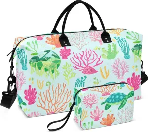 Turtle Coral Seaweed Lightblue Sports Gym Bag for Women Men Travel Duffel Bag Weekend Overnight Carry on Bag with Toiletry Bag Hospital Bag for Plane Hospital Swimming Yoga Workout