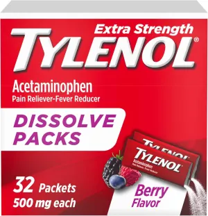 Tylenol Extra Strength Dissolve Packs, 500 mg Acetaminophen Pain Reliever & Fever Reducer, On-The-Go Powder Packets for Minor Aches & Pains, Ibuprofen- & Aspirin-Free, Berry Flavor, 32 ct