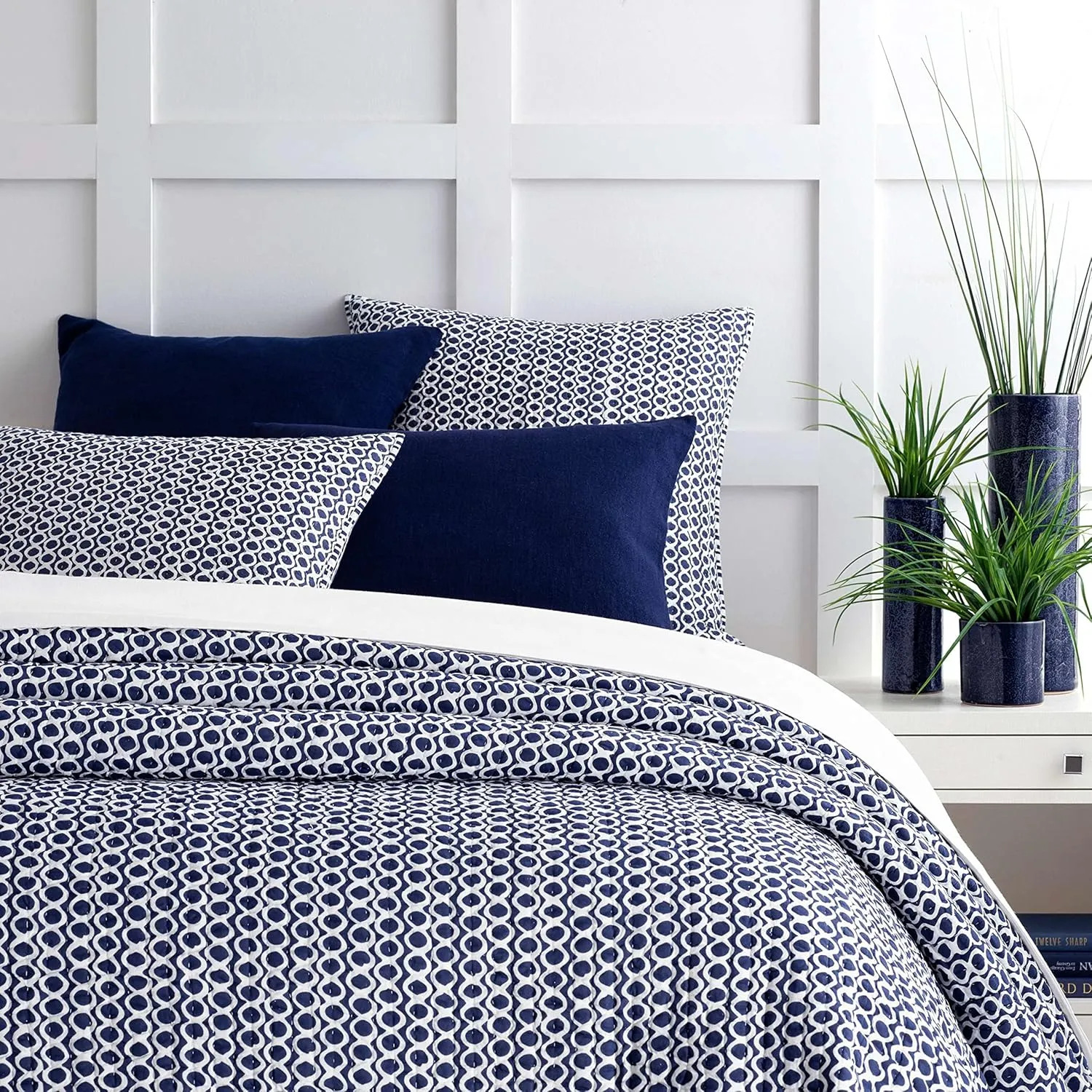 Tyler Indigo Quilted Pillow Sham, Standard Size, Blue Graphic Pattern