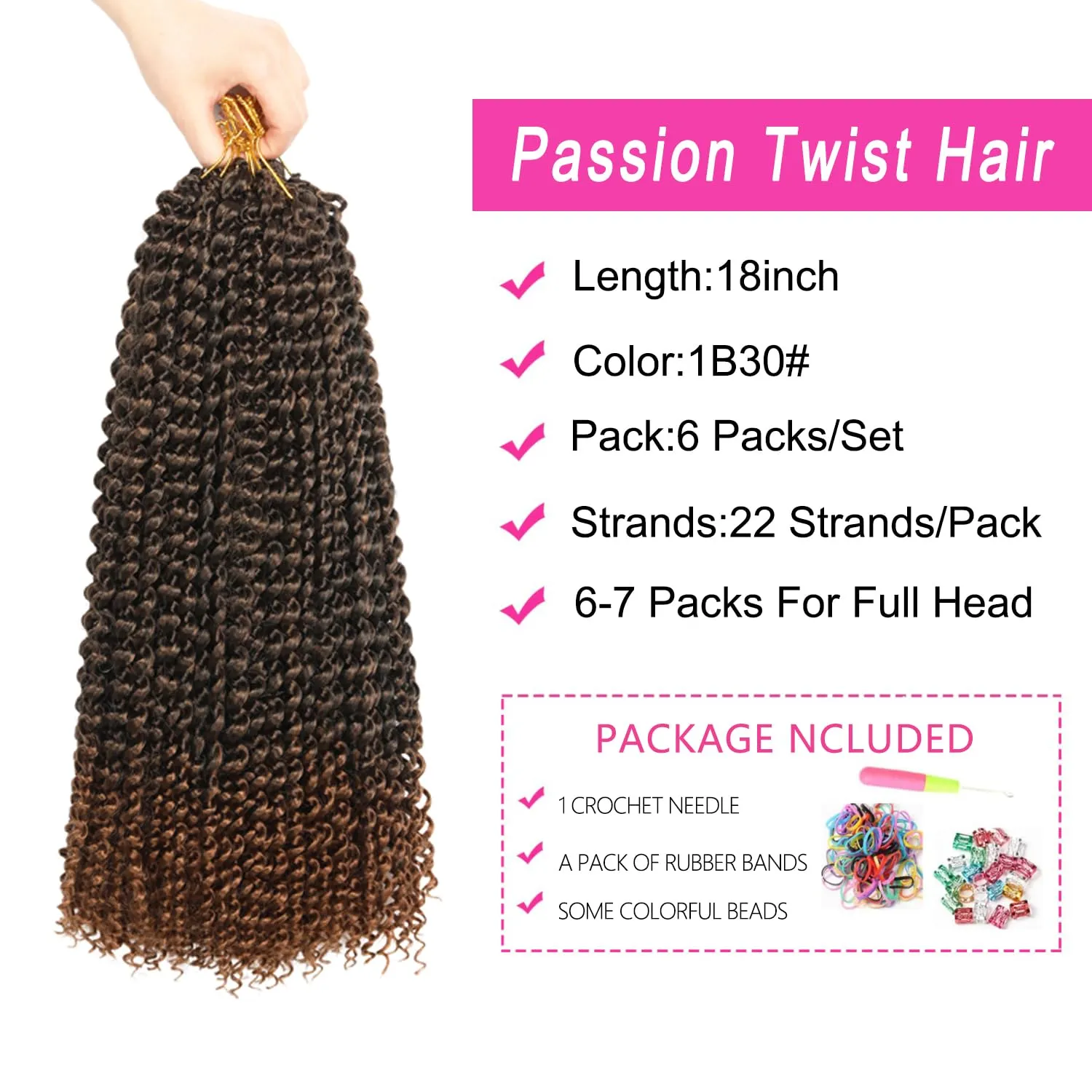 Ubeleco 18 Inch Passion Twist Hair, Water Wave Crochet Hair for Women Ombre Brown Passion Twist Crochet Hair 6 Packs Long Bohemian Synthetic Curly Braiding Hair Extensions(6pcs,1B/30)